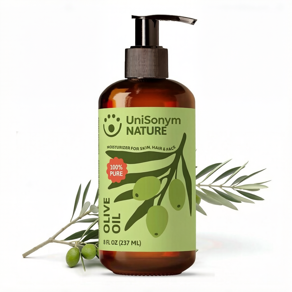 UniSonym 100% Pure Olive Massage & Body Oil – Cold Pressed, Natural & Unscented Moisturizer for Skin, Hair & Bath, 8 fl oz