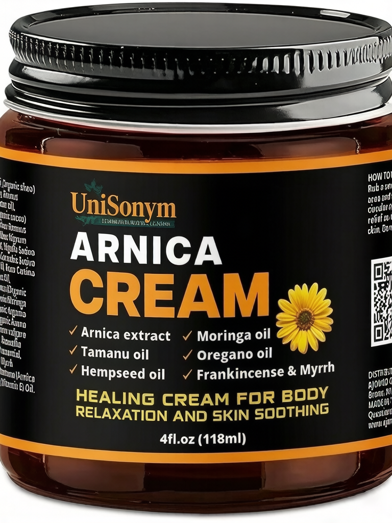 UniSonym arnica cream for skin Soothing, healing salve, bruising, body oil Handmade herbal massage cream with arnica extract, Tamanu oil, Oregano oil, Moringa oil, Frankincense and Myrrh-Body 4fl.oz