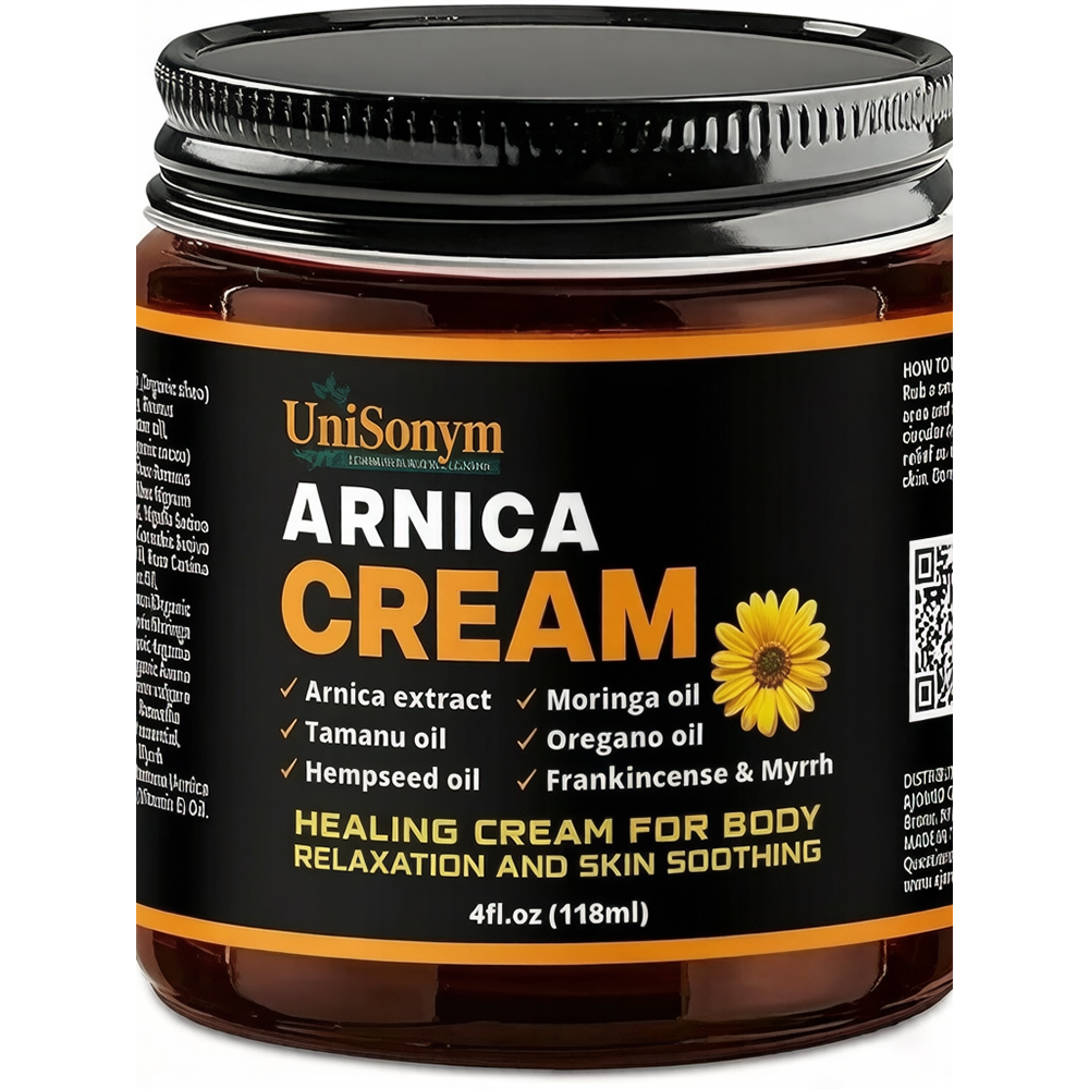 UniSonym arnica cream for skin Soothing, healing salve, bruising, body oil Handmade herbal massage cream with arnica extract, Tamanu oil, Oregano oil, Moringa oil, Frankincense and Myrrh-Body 4fl.oz