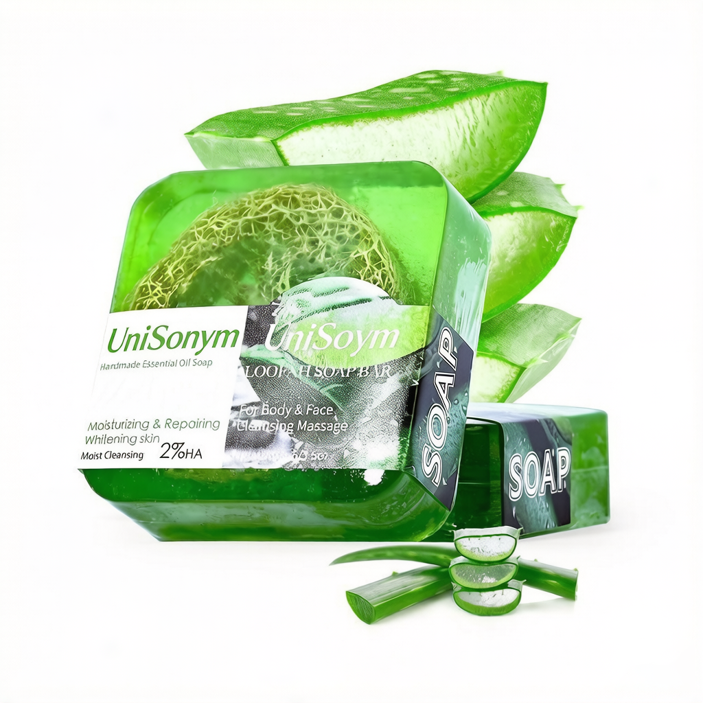 UniSonym Aloe Vera Hademade Loofah Soap, Natural Exfoliating Clean Bar, Gentle Cleansing Massage Moisturizing & Repairing, Organic Handmade with Aloe Vera Plant Oil Body Bath Cream, Aloe
